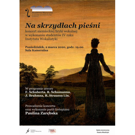 Plakat "Na skrydłach pieśni". Kobieta stoi tyłem. Patrzy na wzgórza.