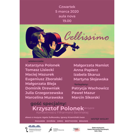 Plakat: kobieta niesie na ramieniu wiolonczelę.