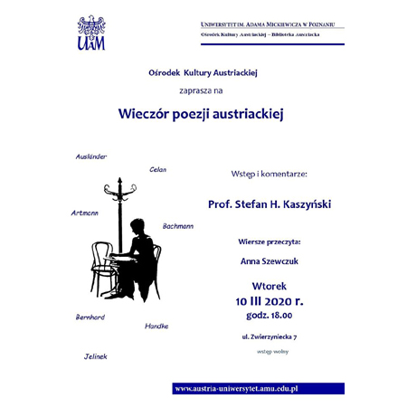 Granatowe napisy na białym tle, po lewej postać kobieca siedząca przy stoliku