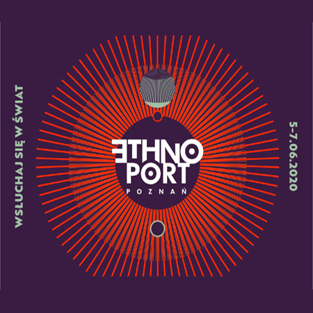 Logo Festiwalu na fioletowym tle, w środku napis Ethno Port