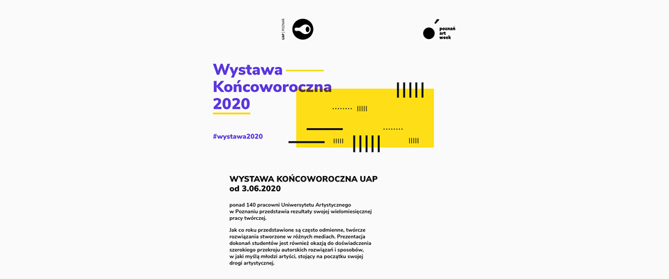 Informacje o wydarzeniu (czarna czcionka, fioletowy tytuł wystawy na jasnym tle)