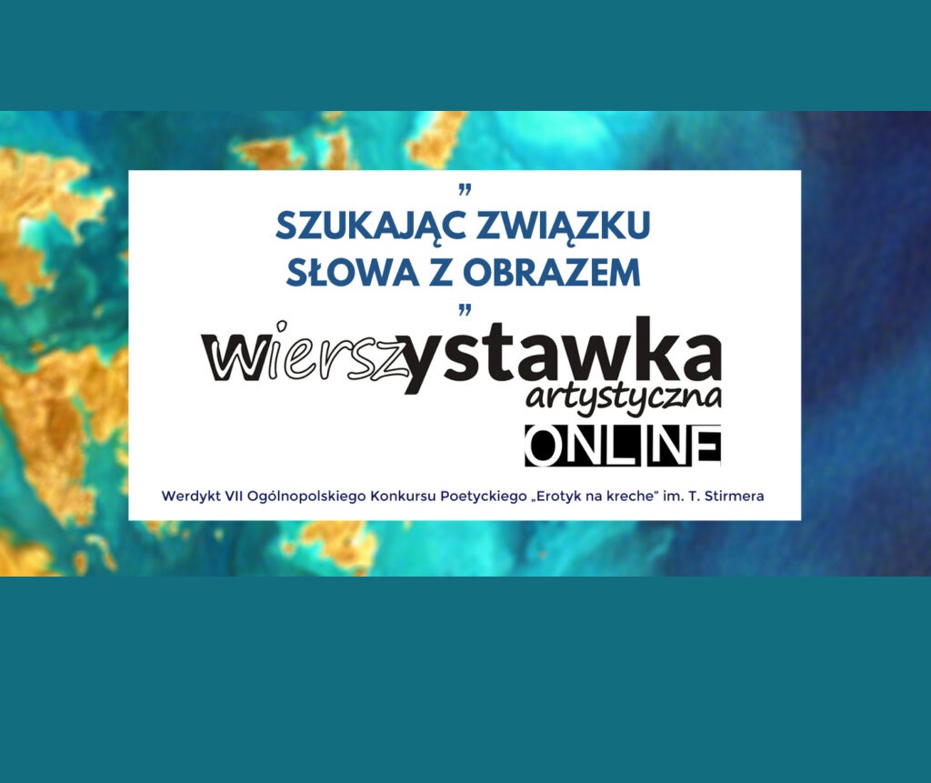 W środku biały kwadrat, wewnątrz niego granatowe i czarne napisy (tytuł wydarzenia), turkusowe tło