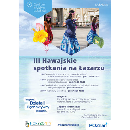 Na tle nieba 3 tancerki hawajskie na tle kamienicy, pod spodem na tle morza - niebieskie napisy.