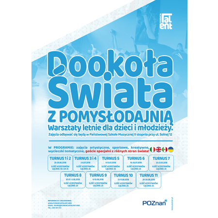 Plakat informujący o wydarzeniu: niebieskie napisy na błękitnym i białym tle