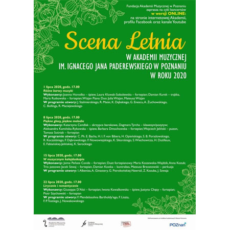 Na zielonym tle informacje o wydarzeniu, na górze żółty napis Scena Letnia