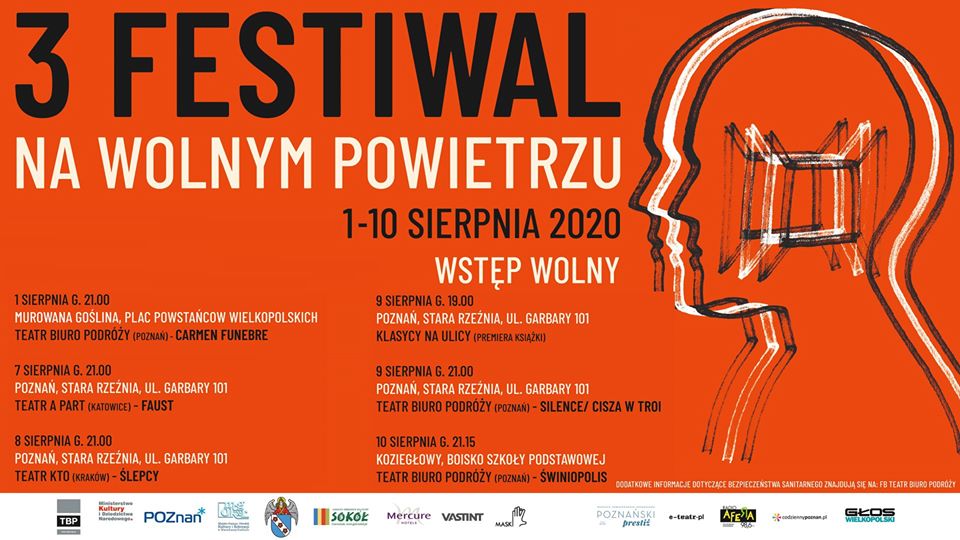 Plakat. Na pomarańczowym tle zarys ludzkiej postaci.