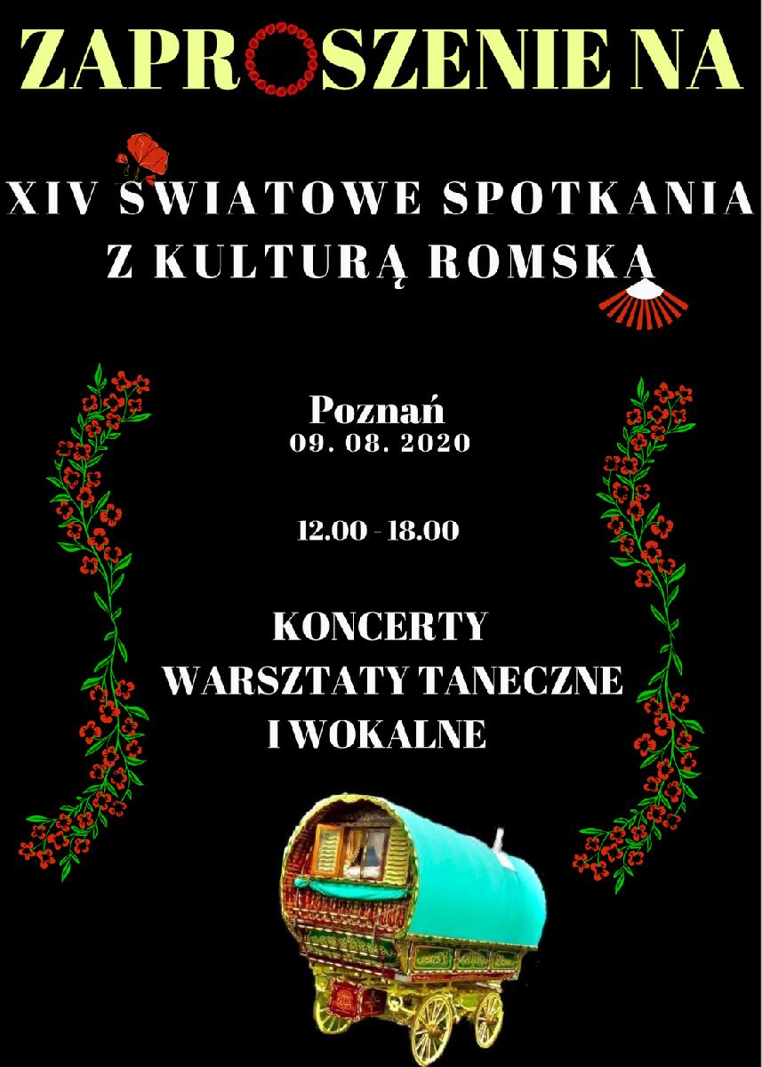 Plakat - na czarnym tle informacje o festiwalu. Na dole zdjęcie wozu cygańskiego.