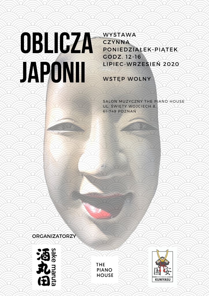 Na plakacie widać japońską maskę oraz informacje o miejscu, terminie i czasie trwania wystawy.