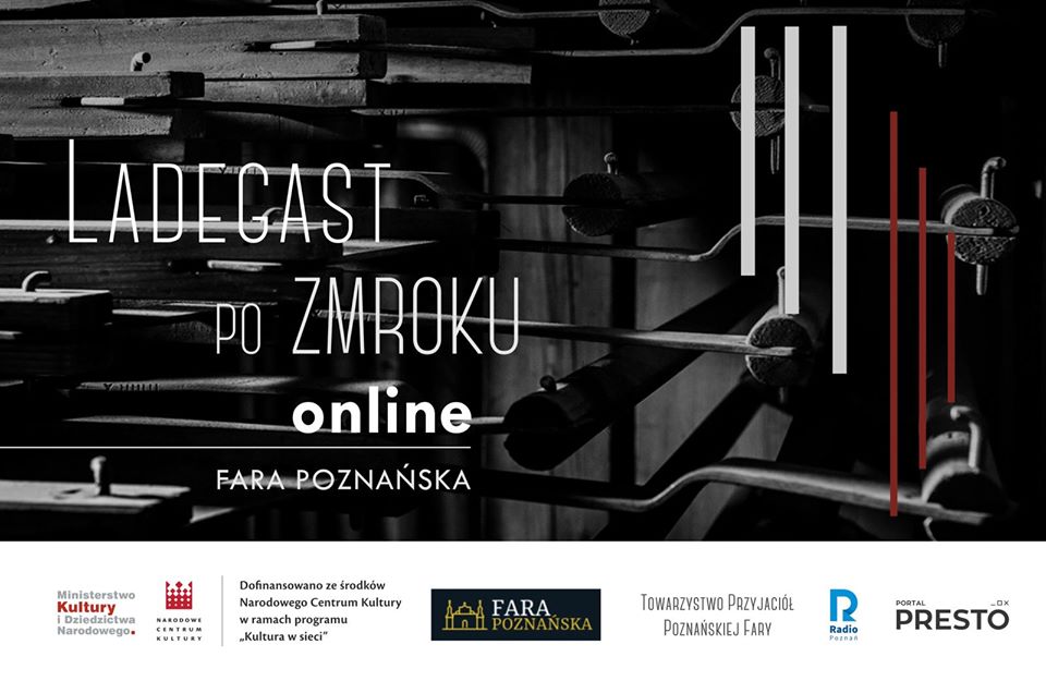 Na tle zdjęcia popychaczy w mechaniźmie organów widnieje biały napis Ladegast po zmroku online, Fara Poznańska.