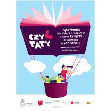 W powietrzu kosz balonowy, który zamiast czaszy balonowej ma książkę. W koszu 2 dorosłych i dziecko.