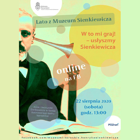 Po lewej zdjęcie Sienkiewicza, trąbka, po prawej informacje o wydarzeniu, kolorowe tło
