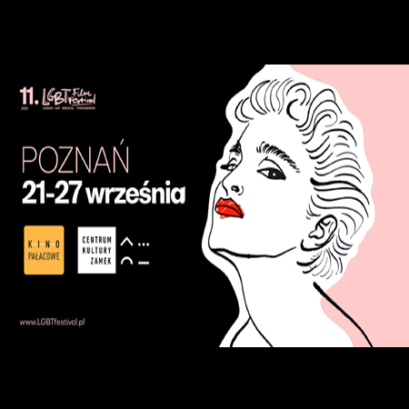 Po prawej grafika przedstawiająca twarz kobiety, po lewej napisy na czarnym tlo i logo CK Zamek oraz Kina Pałacowego