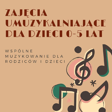 W prawym dolnym rogu kolorowe nutki, na górze brązowe napisy na beżowym tle