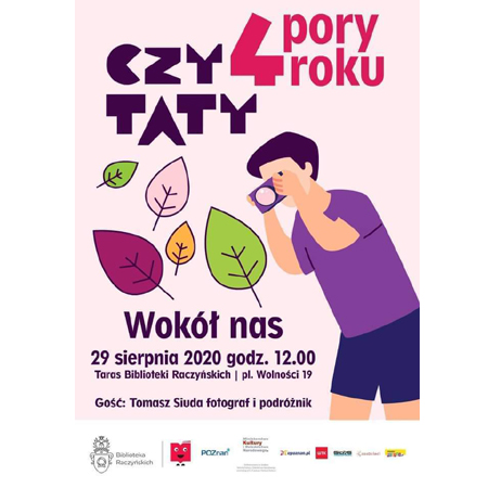 Plakat z informacjami o wydarzeniu, w środkowej części grafika przedstawiająca chłopca robiącego zdjęcia i kilka kolorowych liści.