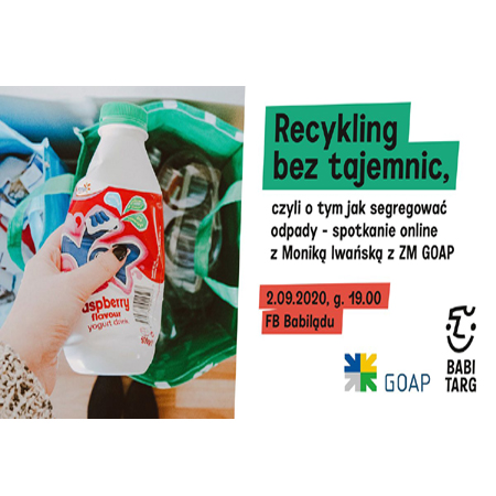 Plakat z informacjami o wydarzeniu, po lewej stronie na zdjęciu dłoń trzymająca opakowanie po jogurcie