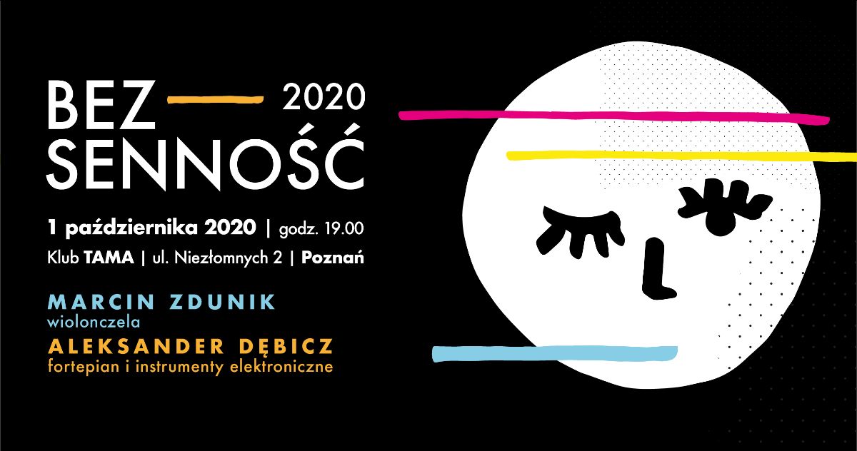 Plakat - na czarnym tle napis bezsenność oraz informacje o dacie i miejscu wydarzenia.