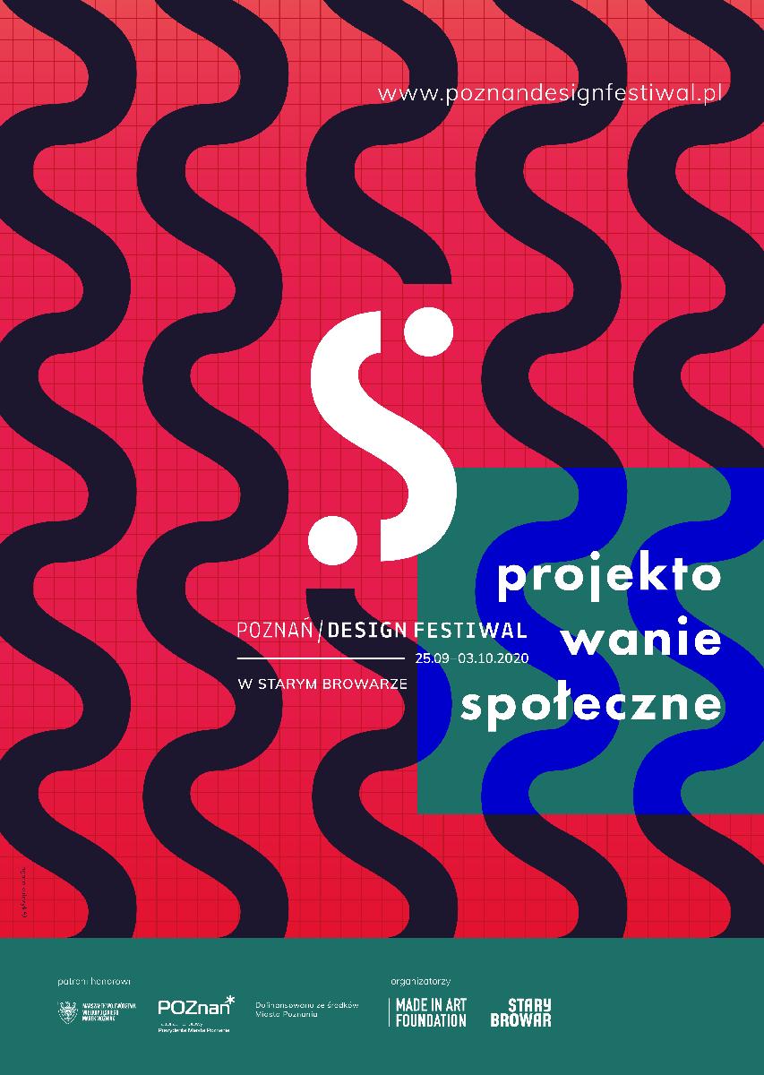 Na czerwonym kraciastym tle czarne pionowe fale. Na środku jednej fali wyodrębniono fragment na biało układający się w literę "S". Dodatkowo w prawym dolnym rogu na zielonym tle napis "projektowanie społeczne".