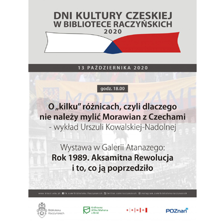 Czarne napisy na szarym tle. Na górze grafika przedstawiająca rozłożoną książkę w kolorach flagi czeskiej.