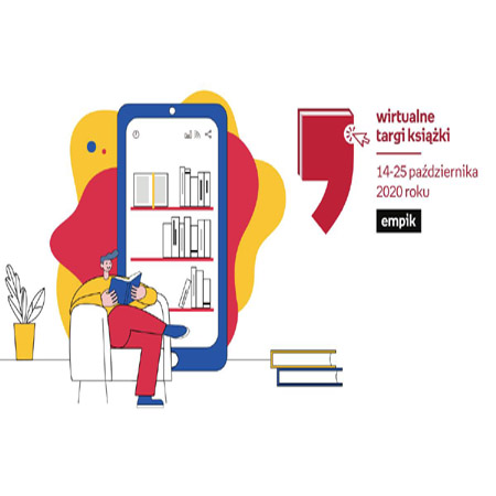 Postać siedząca w fotelu i czytająca książka, z tyłu regał z książkami. Z prawej czerwone napisy na białym tle z nazwą wydarzenia.