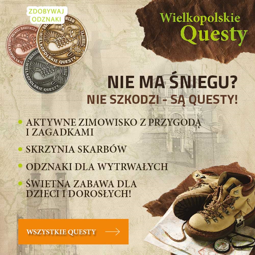 Informacje o wydarzeniu pojawiające się też w tekście. W lewym górnym rogu zdjęia odznak, w prawym dolnym rogu buty stojące na mapie.