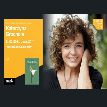 Na zdjęciu Katarzyna Grochola. Po lewej pomarańczowa ramka z informacjami o wydarzeniu.