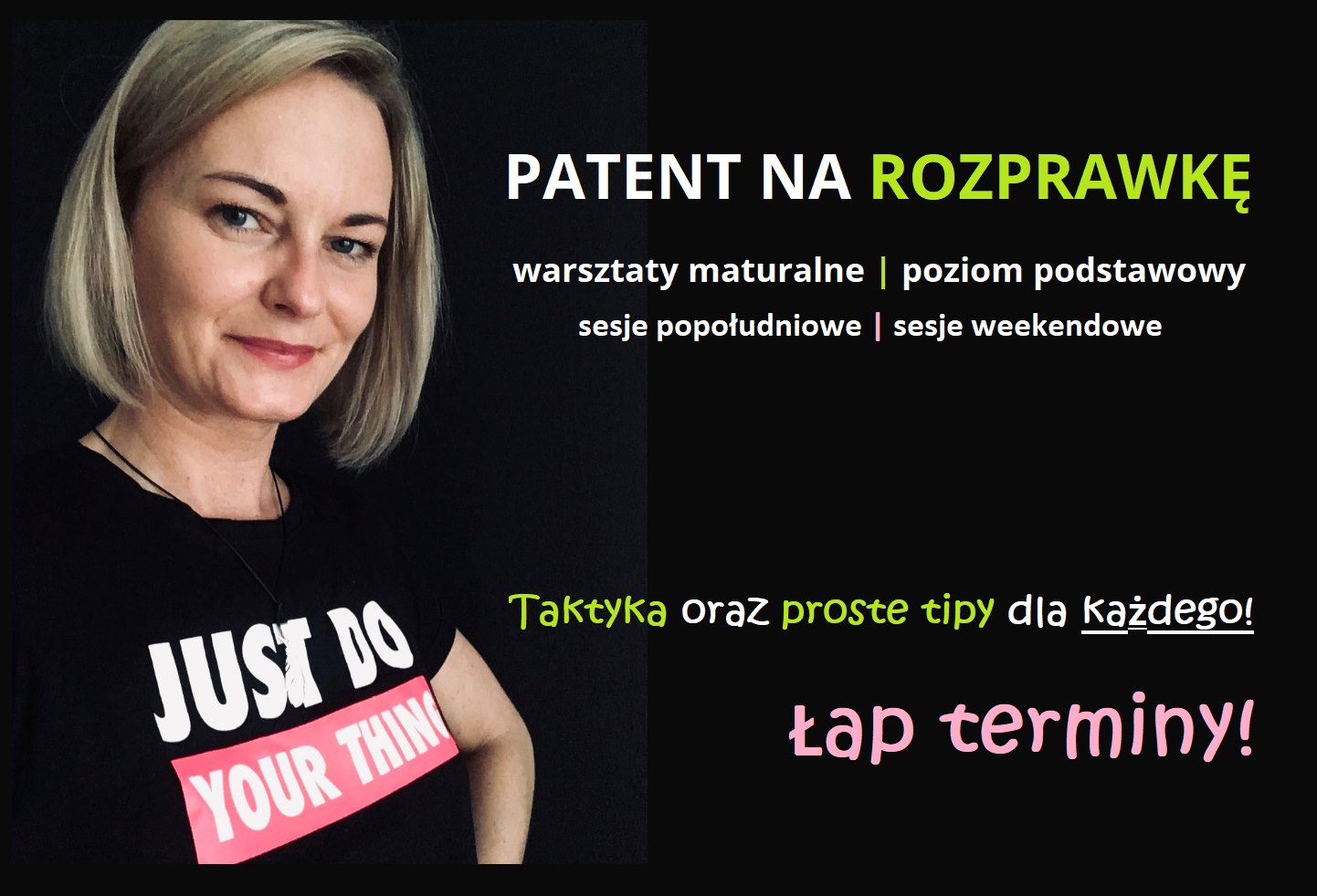 Blondynka w czarnej koszulce. Obok informacje o webinarze.