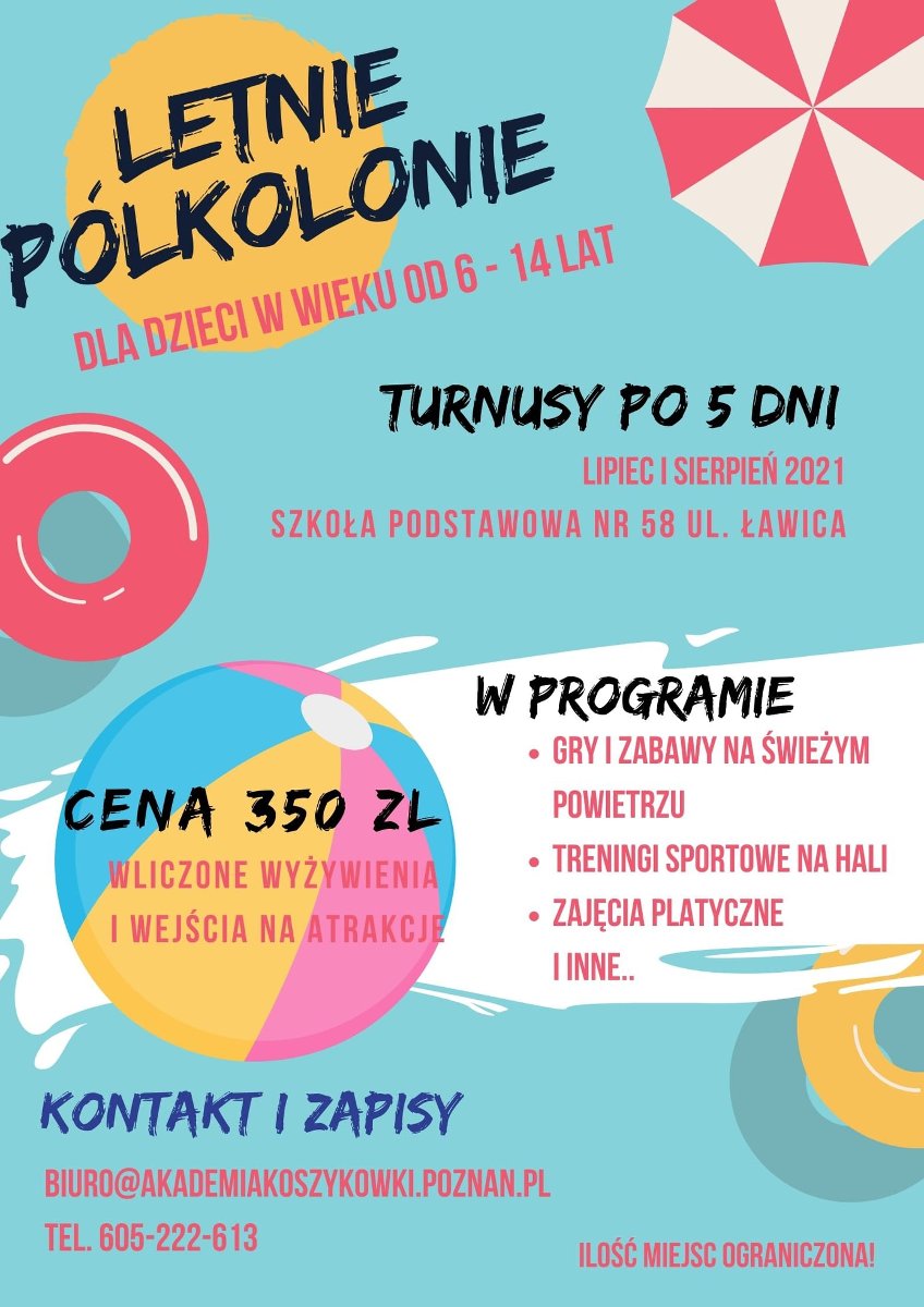 Piłka, koło ratunkowe i parasol na niebiesko białym tle. Obok napisy z informacjami podanymi w treści wydarzenia.