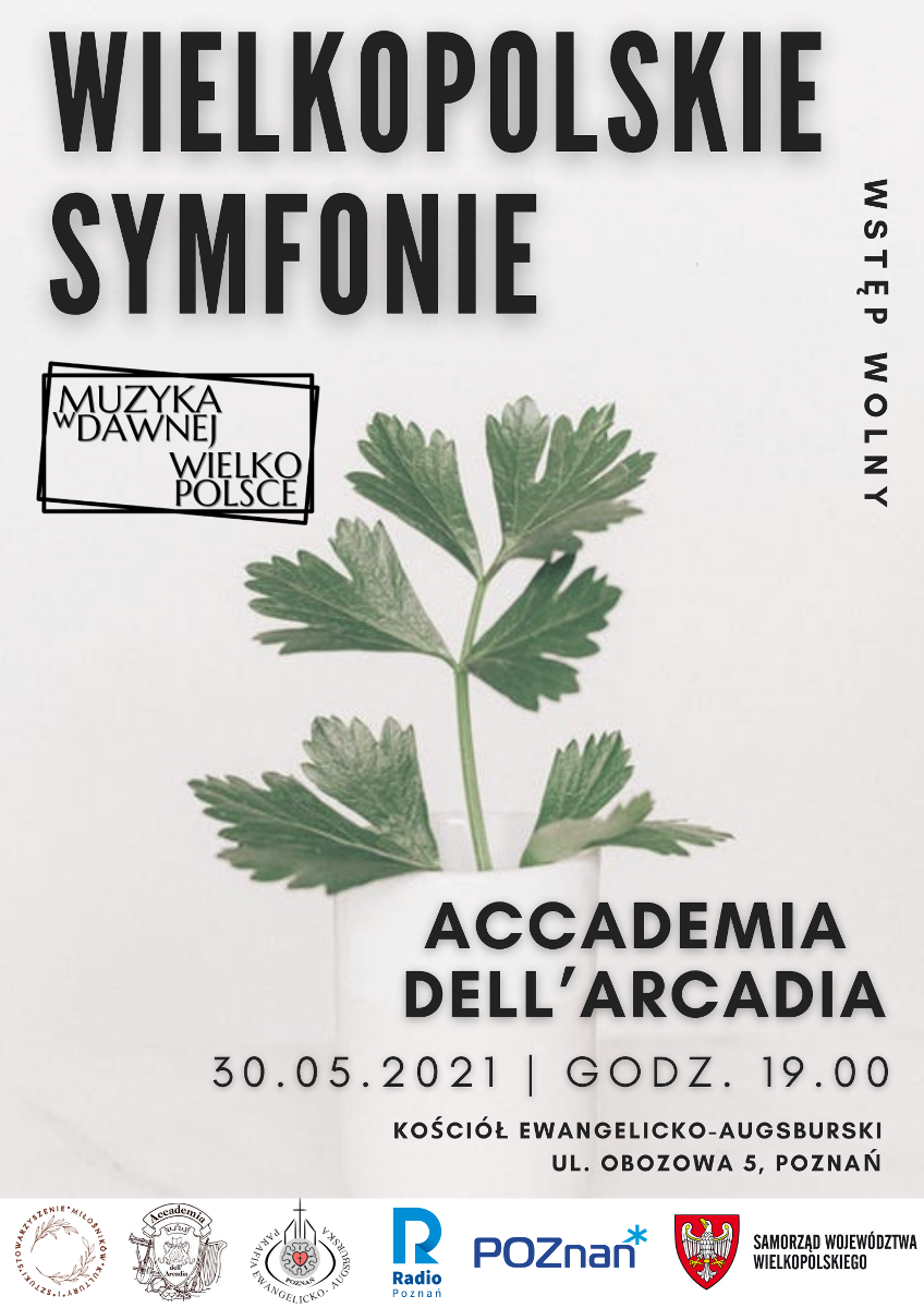 Szary plakat z informacjami o nazwi, miejscu i czasie koncertu. Na środku liście pietruszki.
