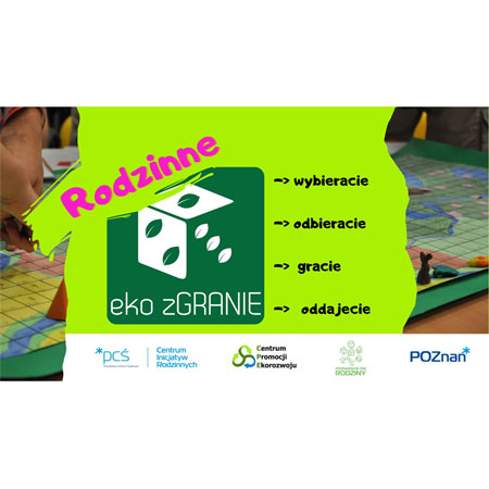 Plansza do gry. Na środku zielone pole z dużą kostką i tytułem akcji. Pod spodem logo: PCŚ, Centrum Inicjatyw Rodzinnych, Centrum Promocji Ekorozwoju, Poznańskich dni Rodziny, Poznania,