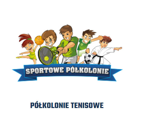 Grupa roześmianych dzieci w strojach różnych dyscyplin sportowych: dziewczynka - gimnastyka, Chłopcy: koszykówka, tenis, piłka nożna, judo. Pod spodem na wstążce napis: Sportowe półkolonie.