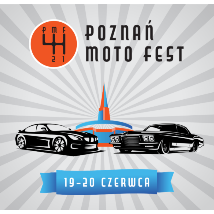 Ilustracja- dwa czarne samochody, z tylu iglica MTP. Napis Poznań Moto Fest.
