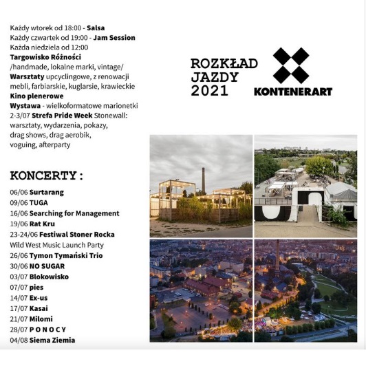 Po lewej wydarzenia, po prawej zdjęcia KontenerArt. na górze logo: 4 czarne kwadraty w formie x, w środku biały kwadrat. Pod spodem napis: Kontenerart.