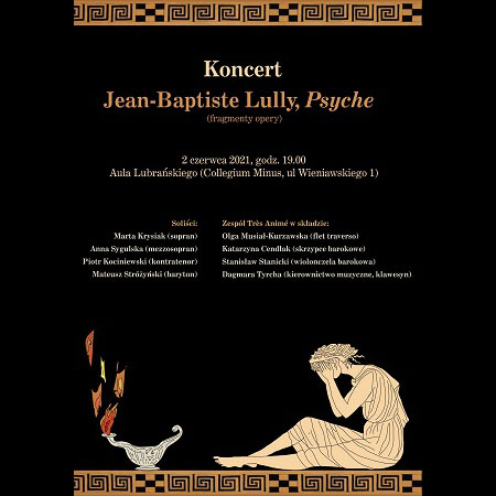 Plakat z informacjami o wydarzeniu. Beżowe napisy na czarnym tle, na dole siedząca postać z mitologii greckiej, najprawdopodobniej Psyche.
