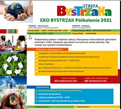 Kolorowy plakat z kolorowyn napisem: Strefa Bystrzaka. Eko Bystrzak. Półkolonie 2021