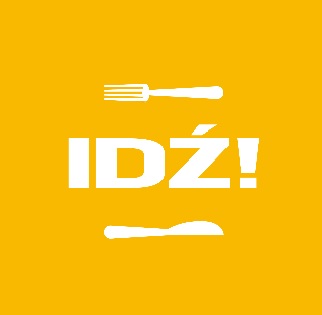 Na górze widelec, na dole nóż. W Srodku napis: Idź!