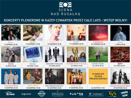 Zdjęcia wykonawców i daty koncertów. na górze napis: Scena nad Rusałką.