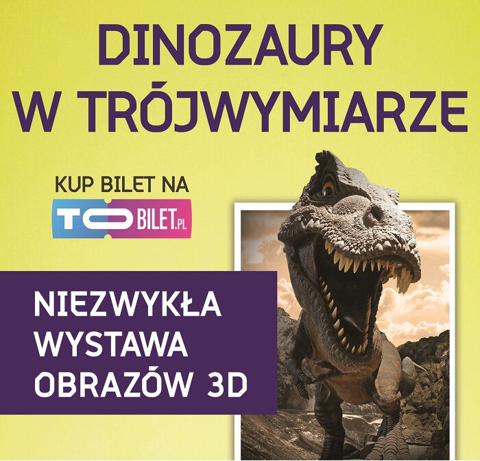 Dinozaur wychodzący z białej ramki, obok napisy.