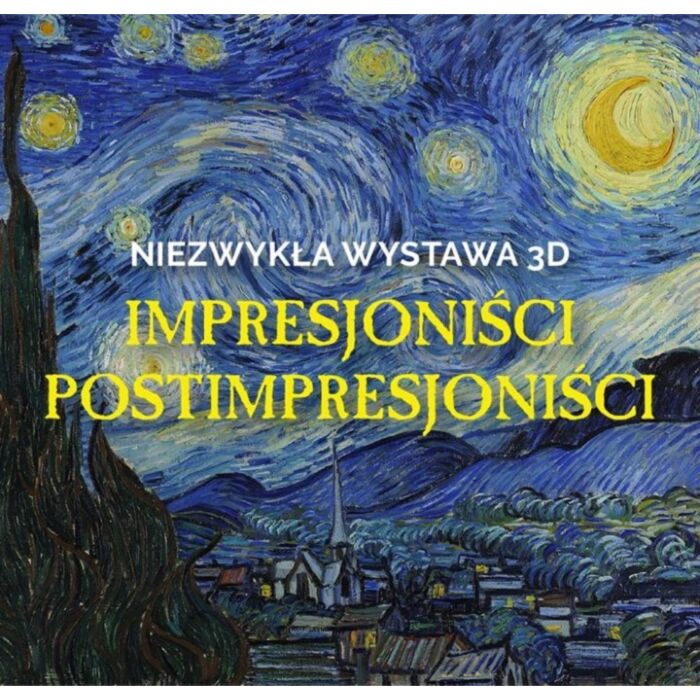 Obraz Van Gogha "Gwieździsta noc" na niej napis.