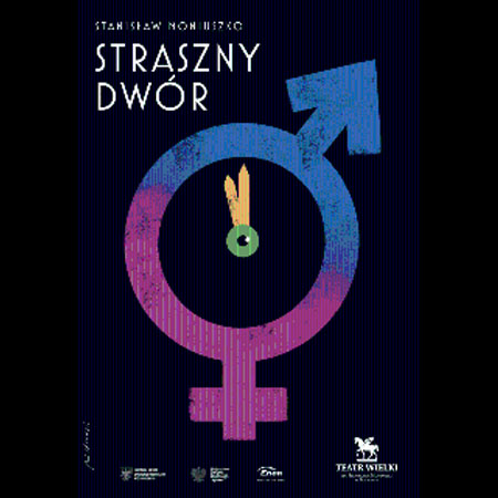 Niebiesko-fioletowowe koło z krzyżykiem i strzałką - symbolami kobiecości i męskości. Na górze biały napis "Straszny dwór" na czarnym tle.