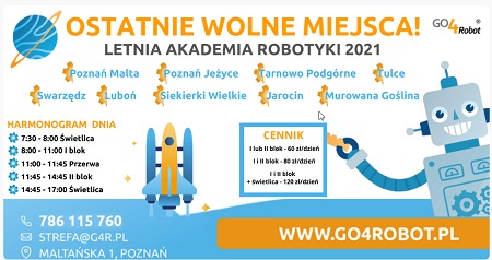 Starująca rakieta. Napis: Letnia akademia robotyki.