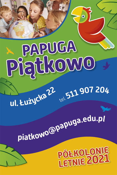 Po lewej: dzieci przy globusie. Po prawej: papuga. Na dole napis: Papuga.