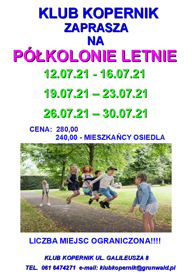 Na gorze terminy półkolonii. Na dole zdjęcie dzieci skaczących na skakance. Dwoje kręci skakanką a 4 skacze.