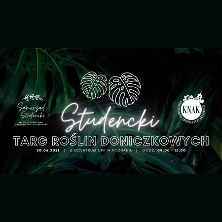Na ciemnozielonym tle biały napis - nazwa wydarzenia. W tle zarys roślin, paproci itd.