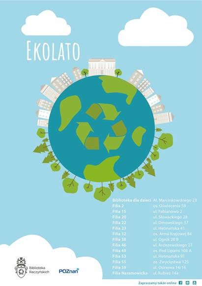 Planeta Ziemia z symbolem recyklingu. Na górze bloki i domy, na dole: lasy i drzewa.