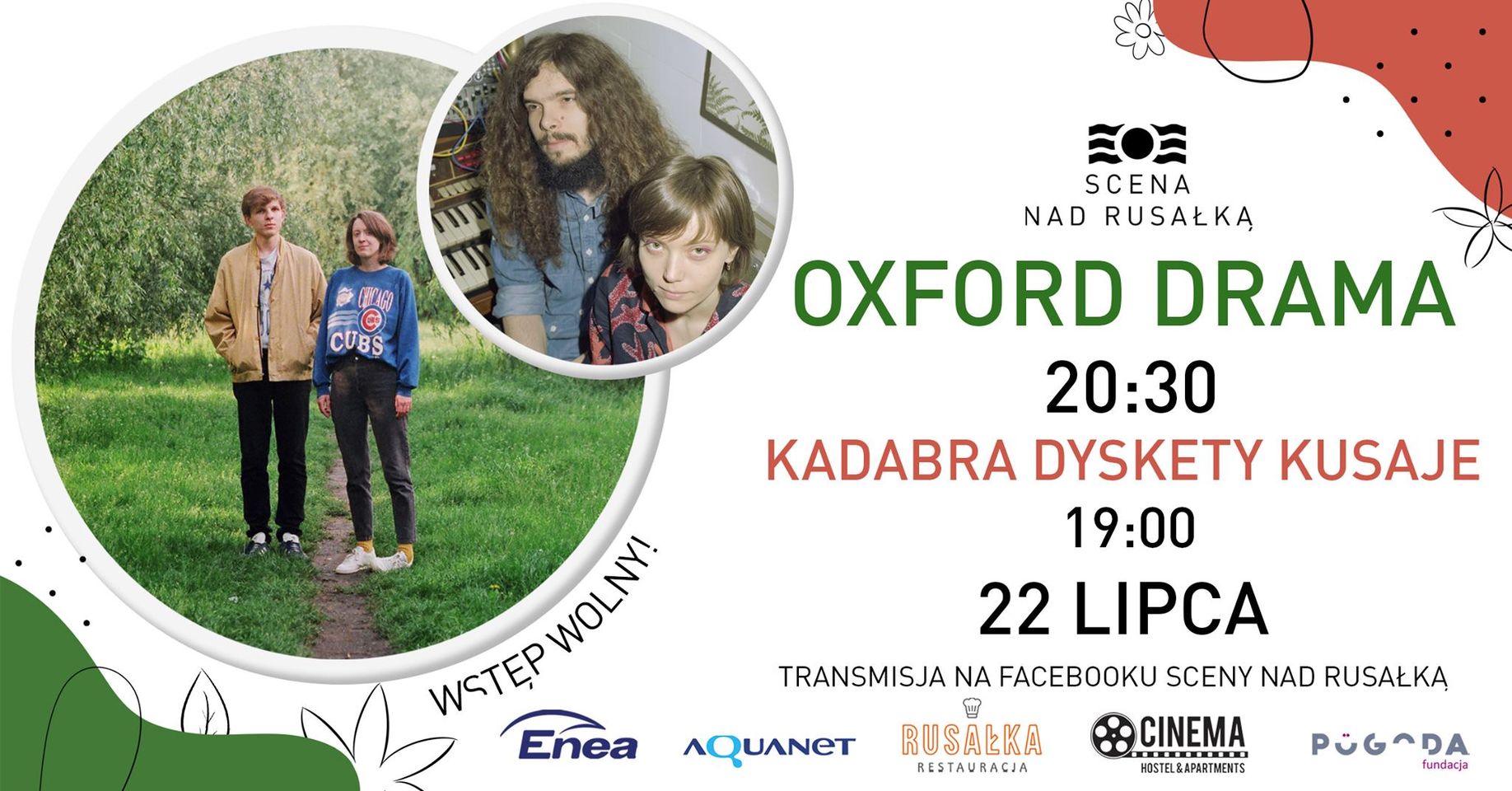 Dwa zdjęcia- na jednym kobieta i mężczyzna, za nimi instrument klawiszowy. Na drugim zdjęciu również mężczyzna i kobieta, stojący na łące.