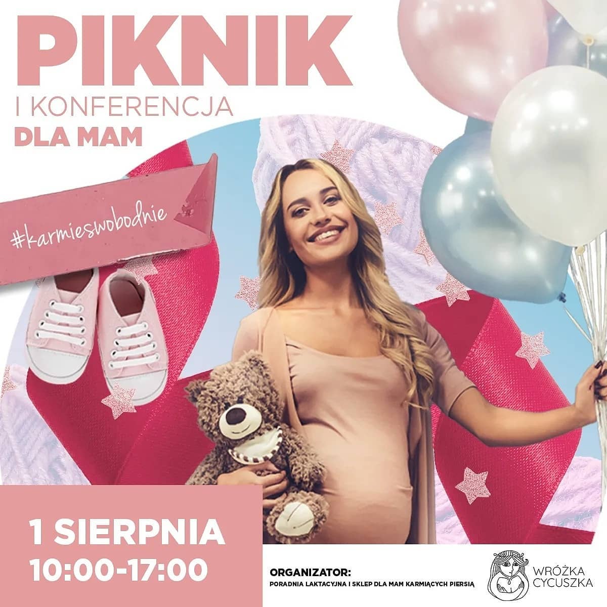 Kobieta w ciąży trzyma balony i misia, obok niej dziecięce trampki.