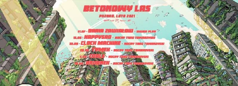 Dookoła wieżowce. W środku napisy.