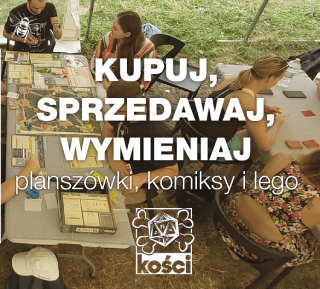 Ludzie przy stolikach na zewnątrz, grają w gry planszowe. Napis "kupuj, sprzedawaj, wymieniaj planszówki, komiksy i lego"