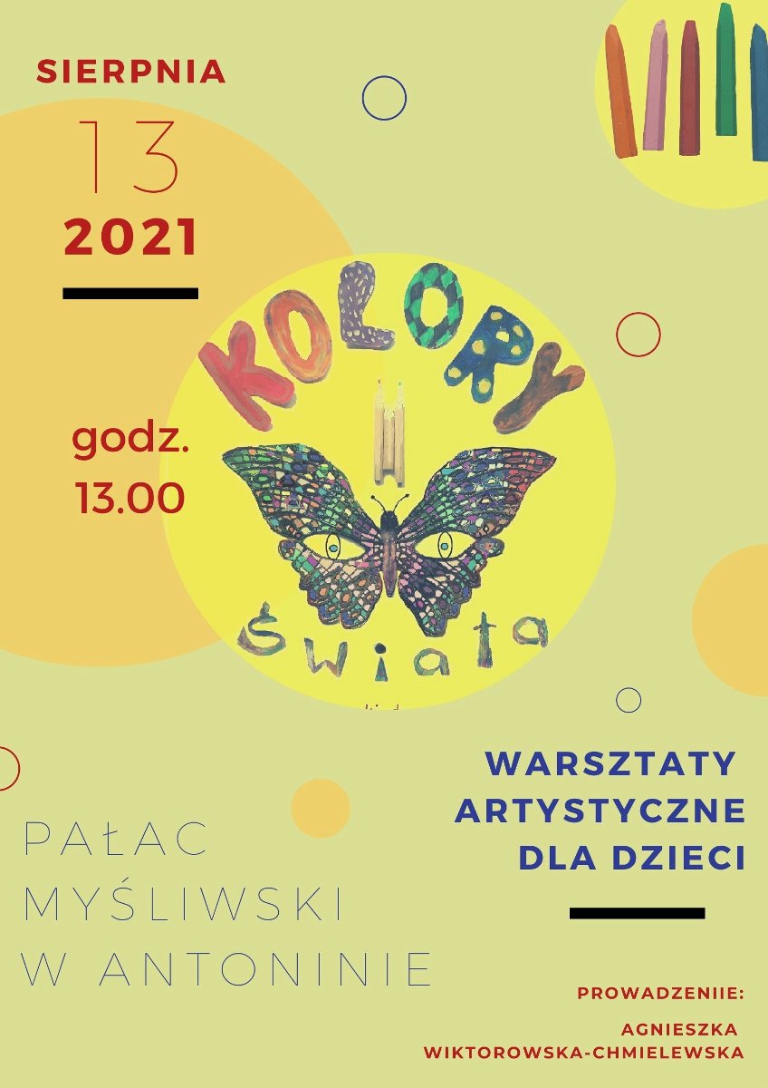 Ilustracja przedstawiająca motyla, który ma oczy na skrzydłach. Nad nim trzy ołówki. Żółte tło.