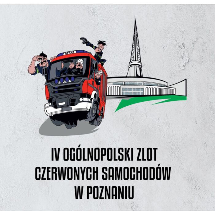 Ilustrowany wóz strażacki ze strażakami w środku, z tyłu iglica MTP.